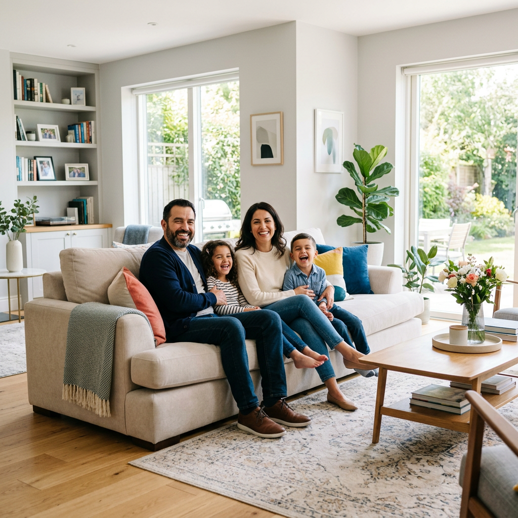Family of four sitting on beige sofa smiling in bright living room