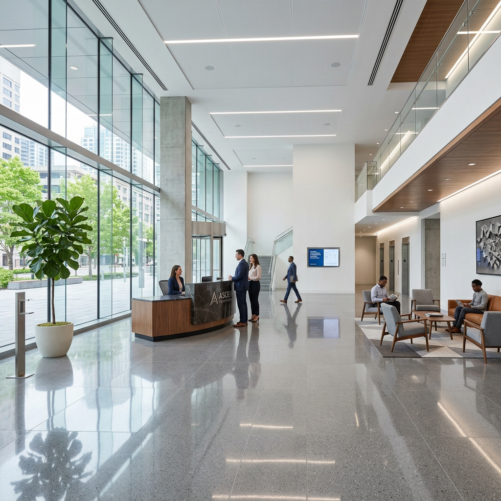 Corporate office lobby with receptionist, visitors, and seating area