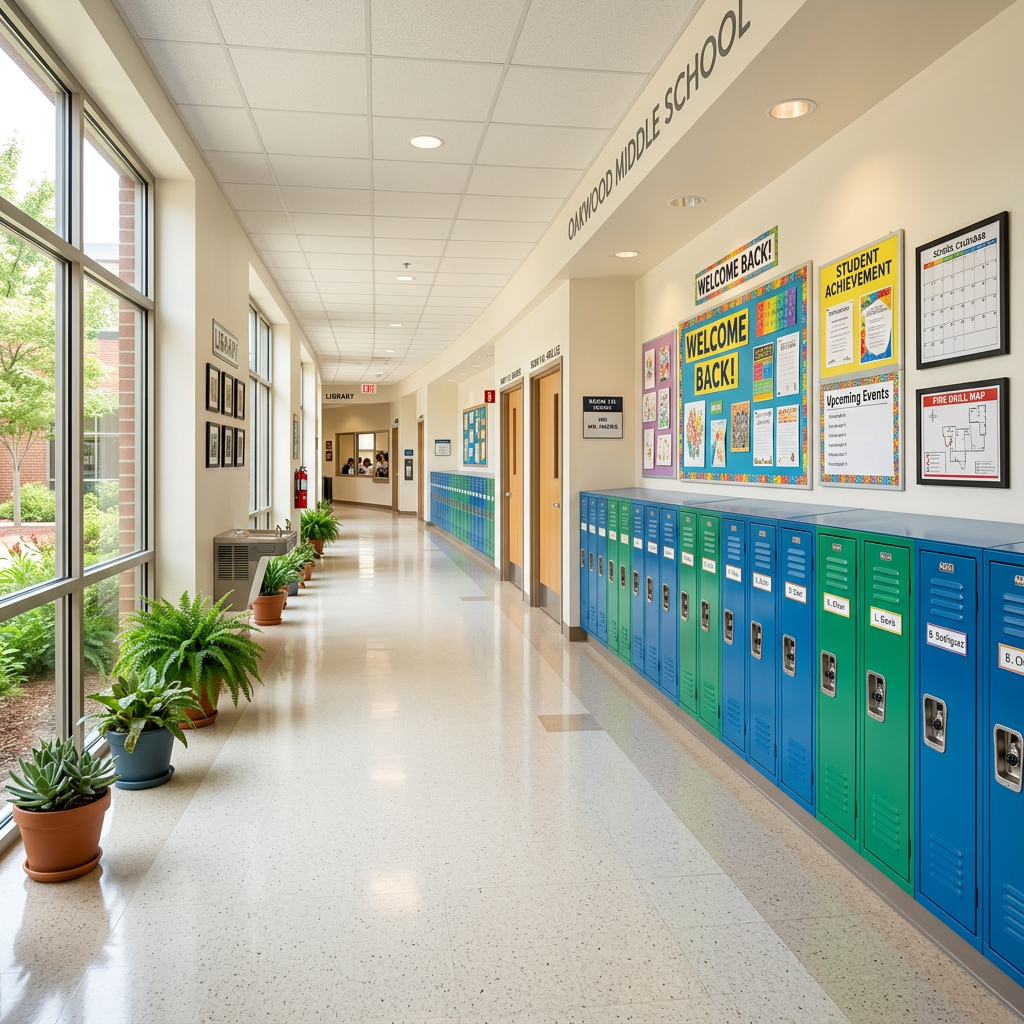 School hallway with blue and green lockers, bulletin boards, windows, and potted plants.