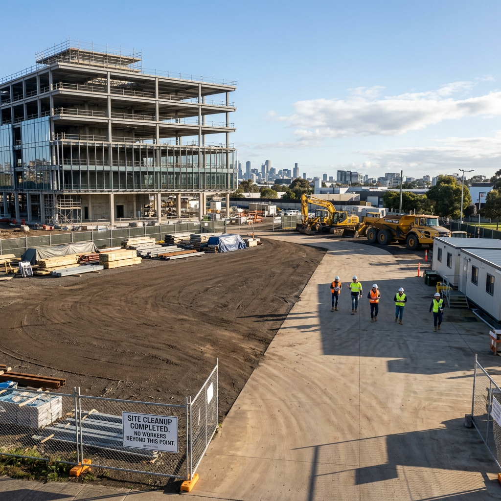 Construction site with unfinished multi-story building, heavy equipment, and workers walking on pavement