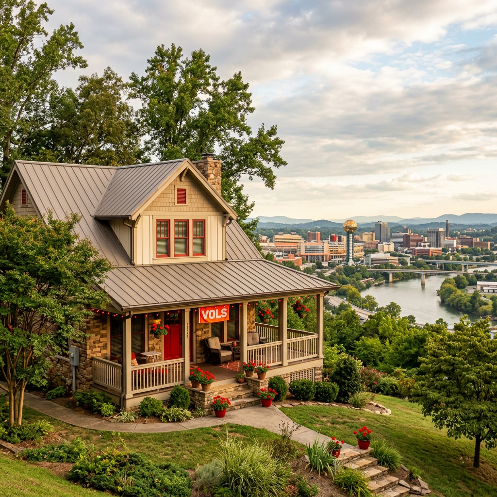 Cottage with stone chimney and red decorations on a hill overlooking a city with a river and a golden spherical tower