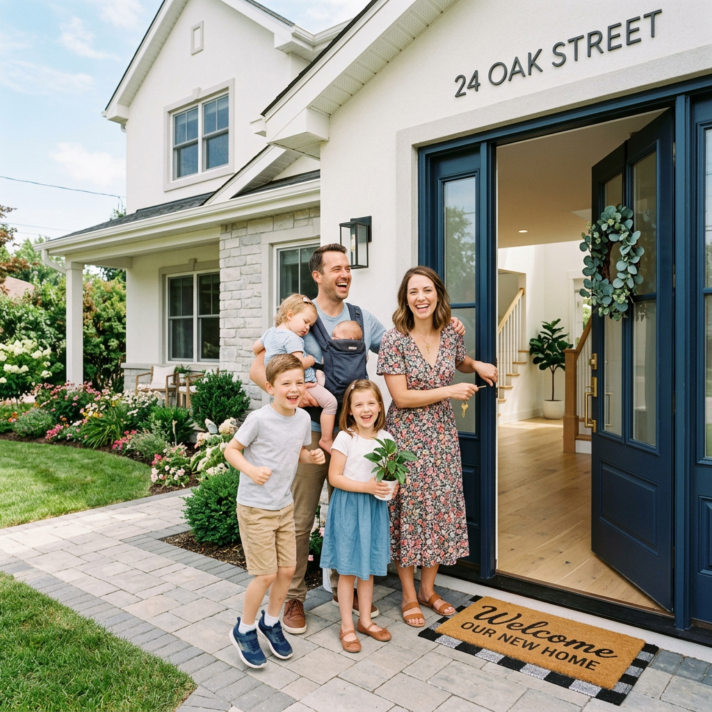 Smiling family standing on front porch of new home with welcome mat