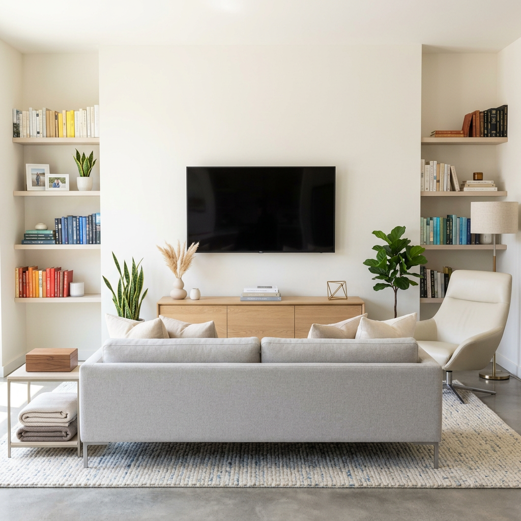 Minimalist living room with gray sofa, wall-mounted TV, bookshelves with colorful books, and white armchair