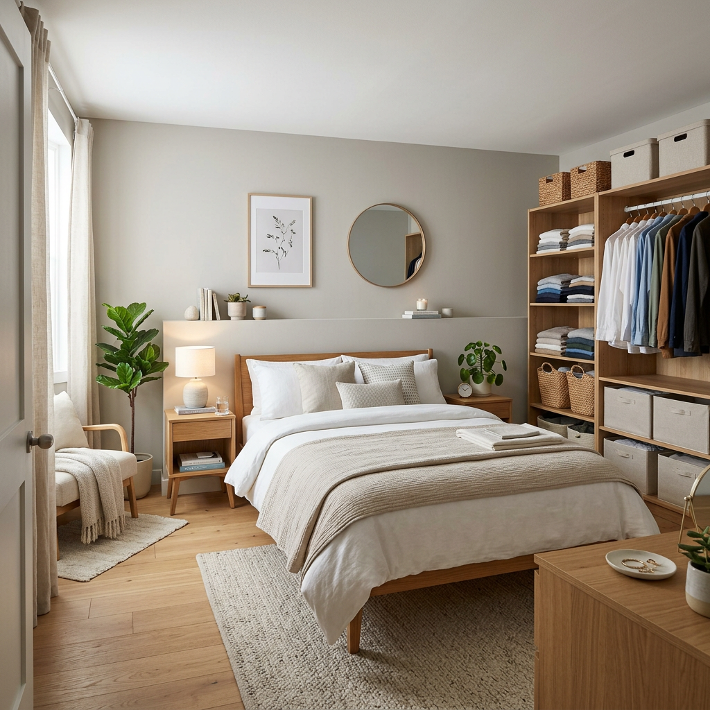 Bedroom with wooden bed, beige bedding, nightstands, open closet with folded clothes and hanging shirts, and potted plants
