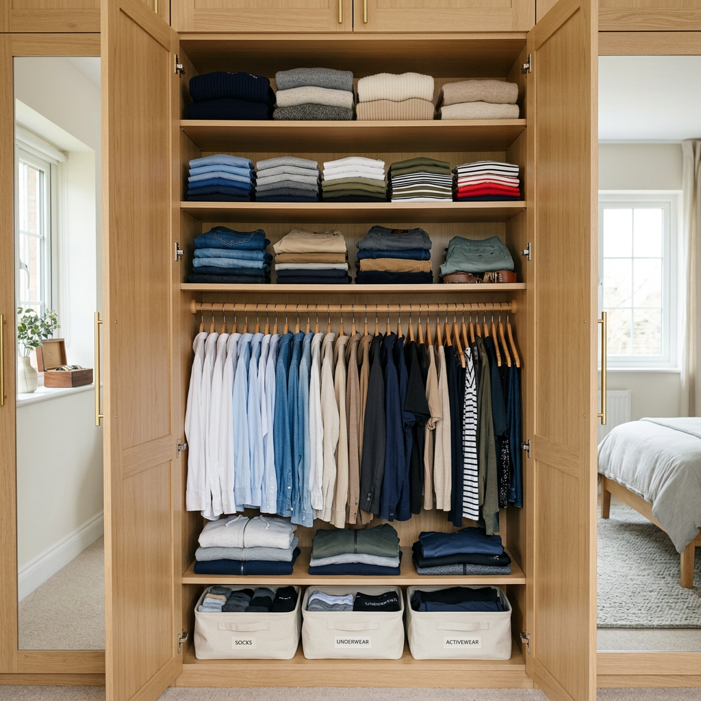 Wooden wardrobe with neatly folded clothes and hanging shirts organized by type and color