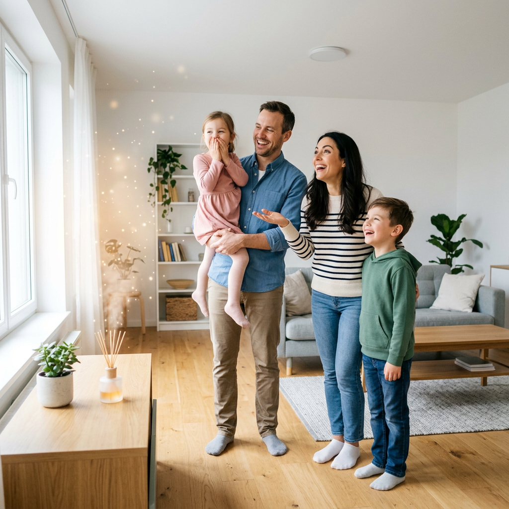 Family of four smiling and watching an aroma diffuser in a bright living room