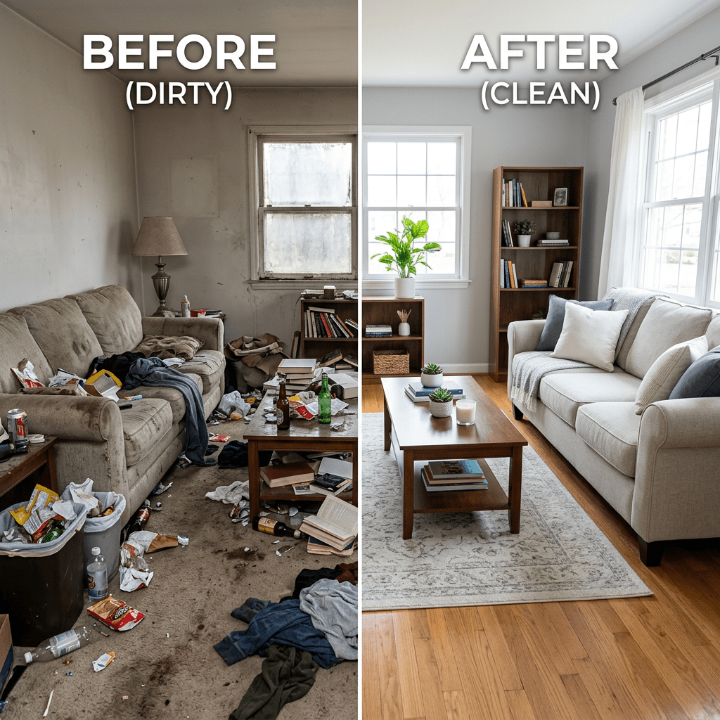 Before after dirty to clean living room