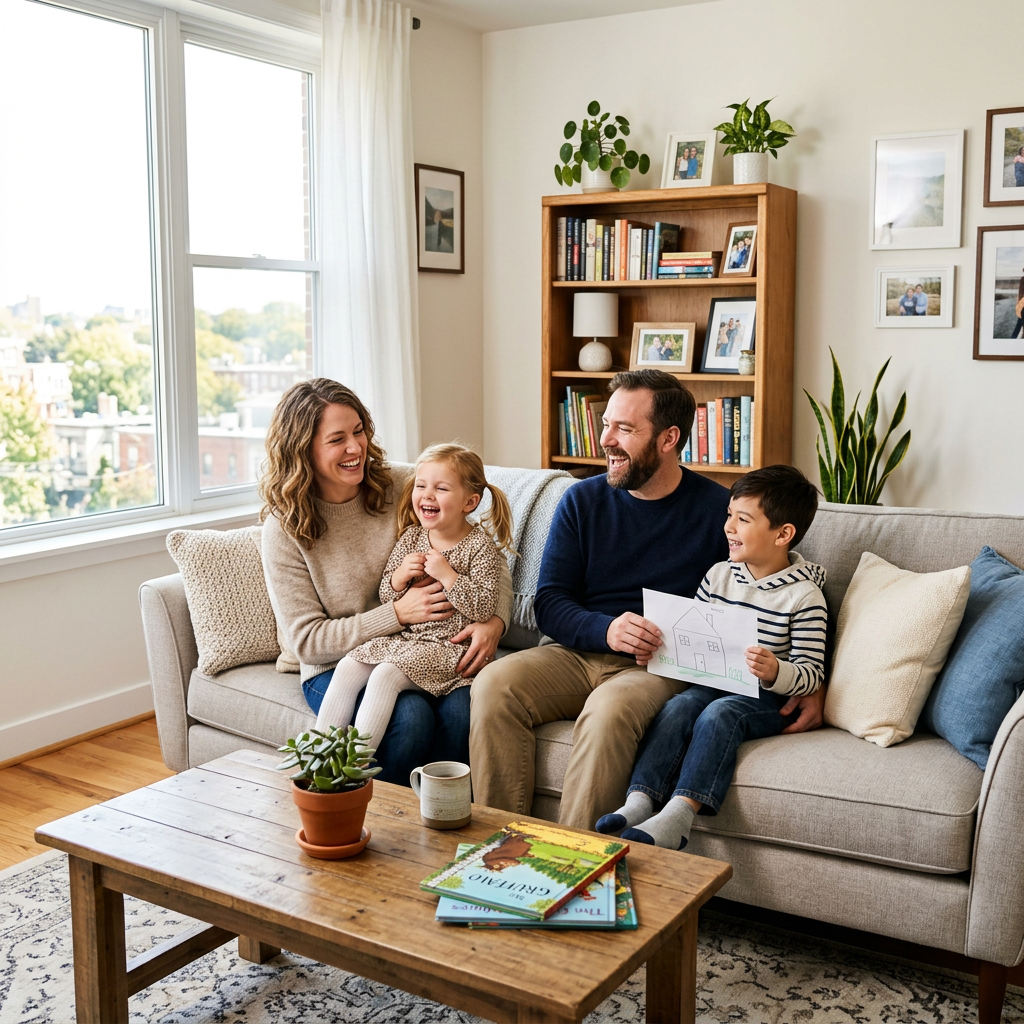 Parents and children laughing and sharing a drawing on a couch in a bright living room