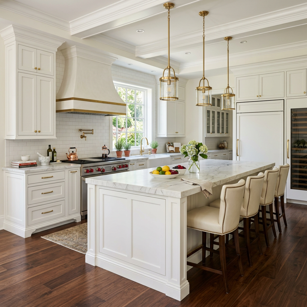 Modern white kitchen with marble countertop island, brass fixtures, and wooden floor