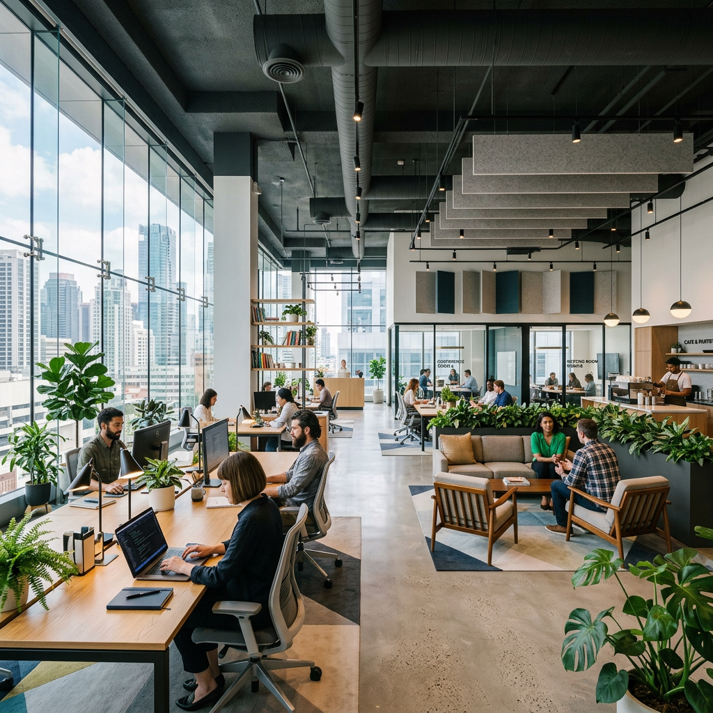 Open-plan office with employees at desks, meeting area, and large windows showing cityscape