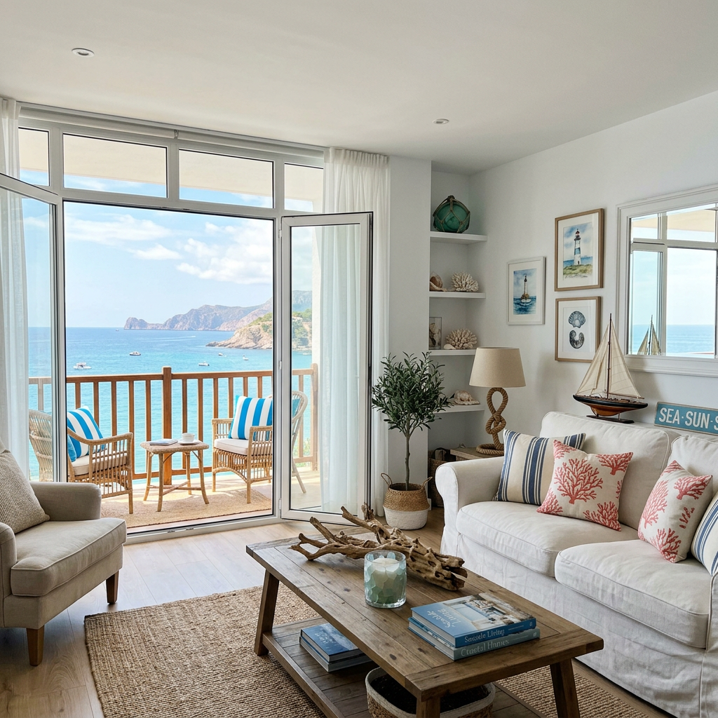 Living room with white sofa, nautical decor, wooden coffee table, and open glass doors to balcony with ocean view